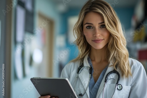 Female doctor working on her tablet pc, Generative AI