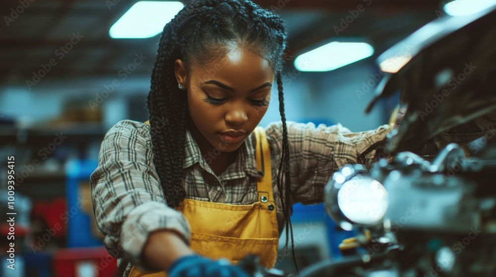 A curvy Black female mechanic with braids, installing new headlights in a car in a busy auto repair shop. A curvy Black female mechanic with braids, installing new headlights in a car in a busy auto repair shop.