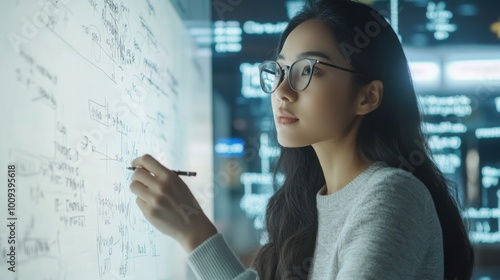 Petite East Asian teacher with glasses explains math equations, writing on a whiteboard in a modern classroom filled with tech