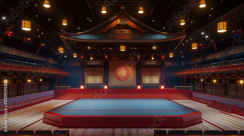 interior of empty japanese sumo wrestling arena