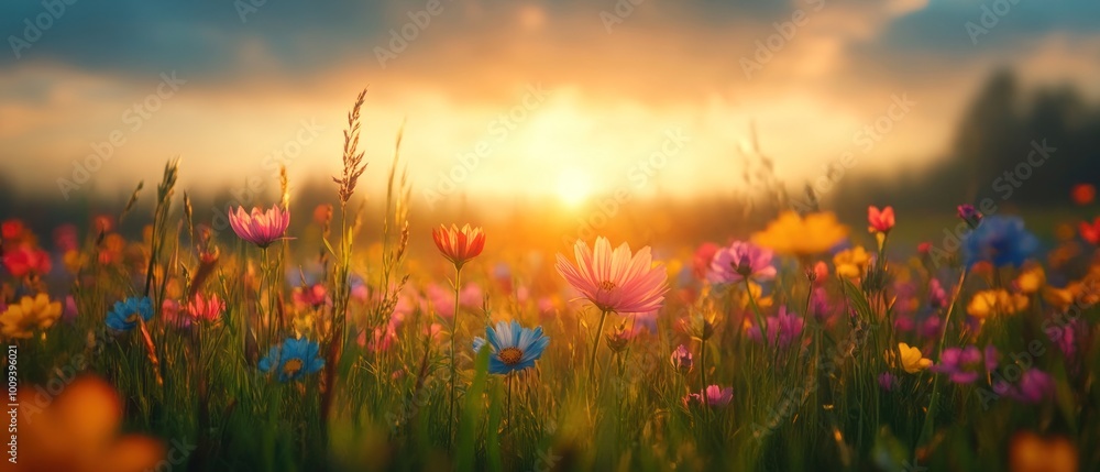 Obraz premium A sunlit meadow filled with tall grass and colorful flowers dancing in the wind.