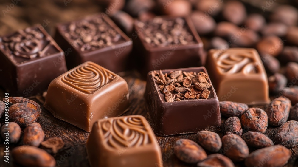 Macro shot of rare handcrafted chocolates with intricate designs, placed on a wooden surface with cocoa beans. Macro shot of rare handcrafted chocolates with intricate designs, placed on a wooden surface with cocoa beans.