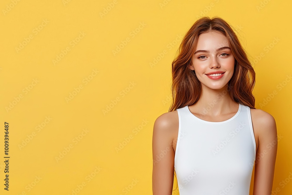 Female model posing in a plain white tank top, solid yellow background, soft shadows, tank top mock-up, elegant fashion presentation Female model posing in a plain white tank top, solid yellow background, soft shadows, tank top mock-up, elegant fashion presentation