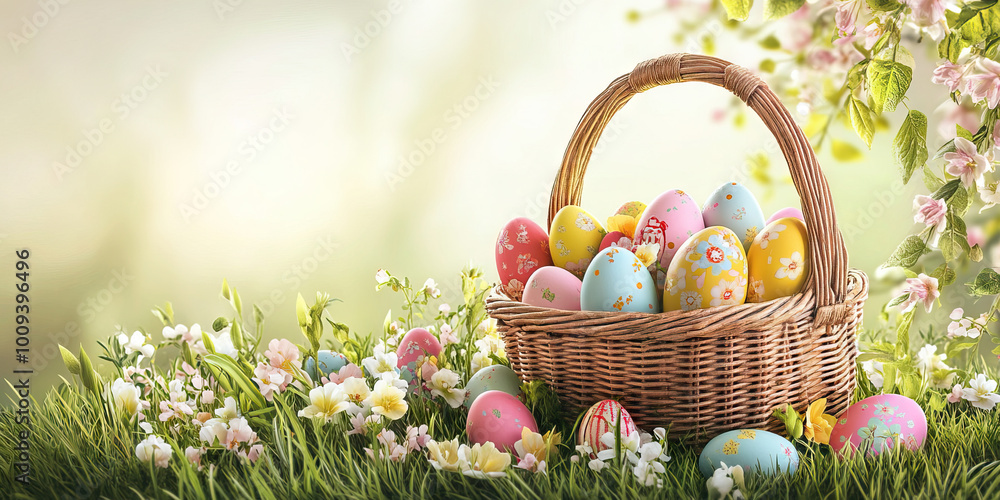 An Easter basket full of colorful eggs and pastel-colored treats, nestled amidst lush green grass and blooming flowers. An Easter basket full of colorful eggs and pastel-colored treats, nestled amidst lush green grass and blooming flowers.