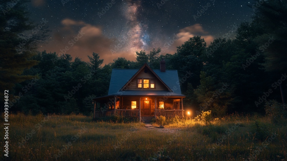 A cozy cabin with lit windows sits in a field under a night sky with the Milky Way Galaxy overhead. A cozy cabin with lit windows sits in a field under a night sky with the Milky Way Galaxy overhead.