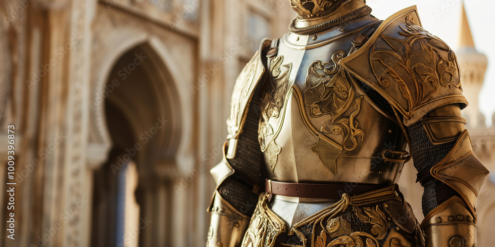 Fototapeta premium Medieval Knight in Ornate Golden Armor Standing in Front of Gothic Architecture