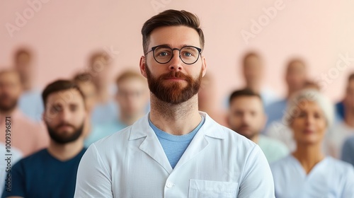 A group of men in a health seminar learning about prostate cancer with a doctor, diverse crowd, Prostate cancer educational session, Public health outreach