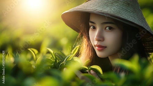 A young woman in a conical hat looks at the camera while surrounded by tea plants.