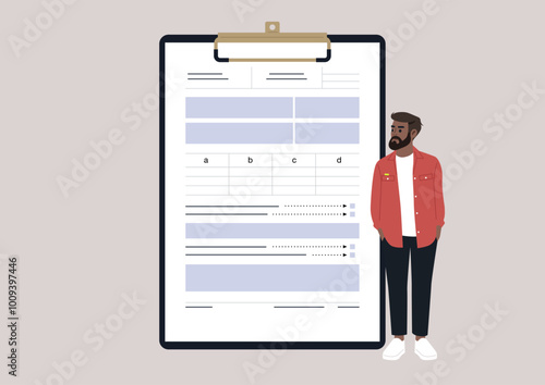 A character leans casually beside a clipboard displaying forms and data in a contemporary office environment, emphasizing the significance of paperwork in professional life