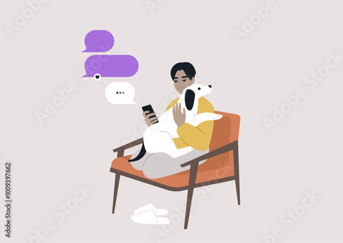 Enjoying a relaxing moment, a person sits in a chair with a loyal dog on their lap, completely engaged in a text conversation, surrounded by a calm and cozy atmosphere