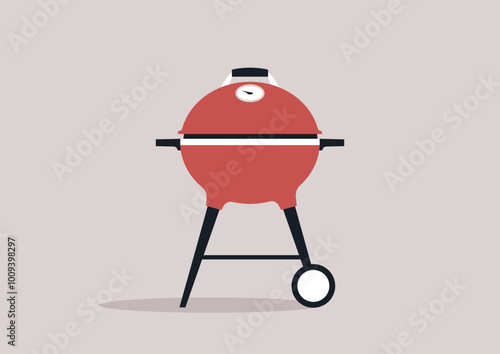 A quaint red charcoal grill rests in solitude, featuring a classic round shape and a built-in thermometer, ready for sizzling meats and delightful moments at outdoor cookouts