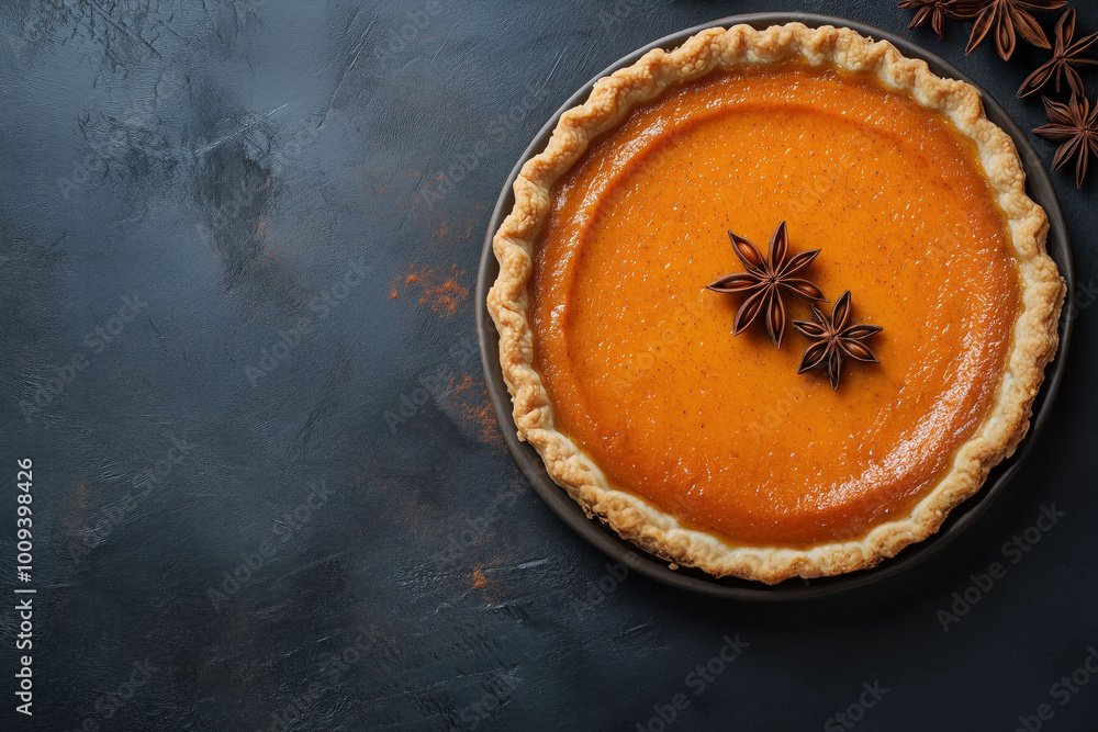 A mouthwatering pumpkin pie with star anise, top view on a dark background with copy space banner, concept for National Sweet Potato Day or Halloween holiday celebration. A mouthwatering pumpkin pie with star anise, top view on a dark background with copy space banner, concept for National Sweet Potato Day or Halloween holiday celebration.