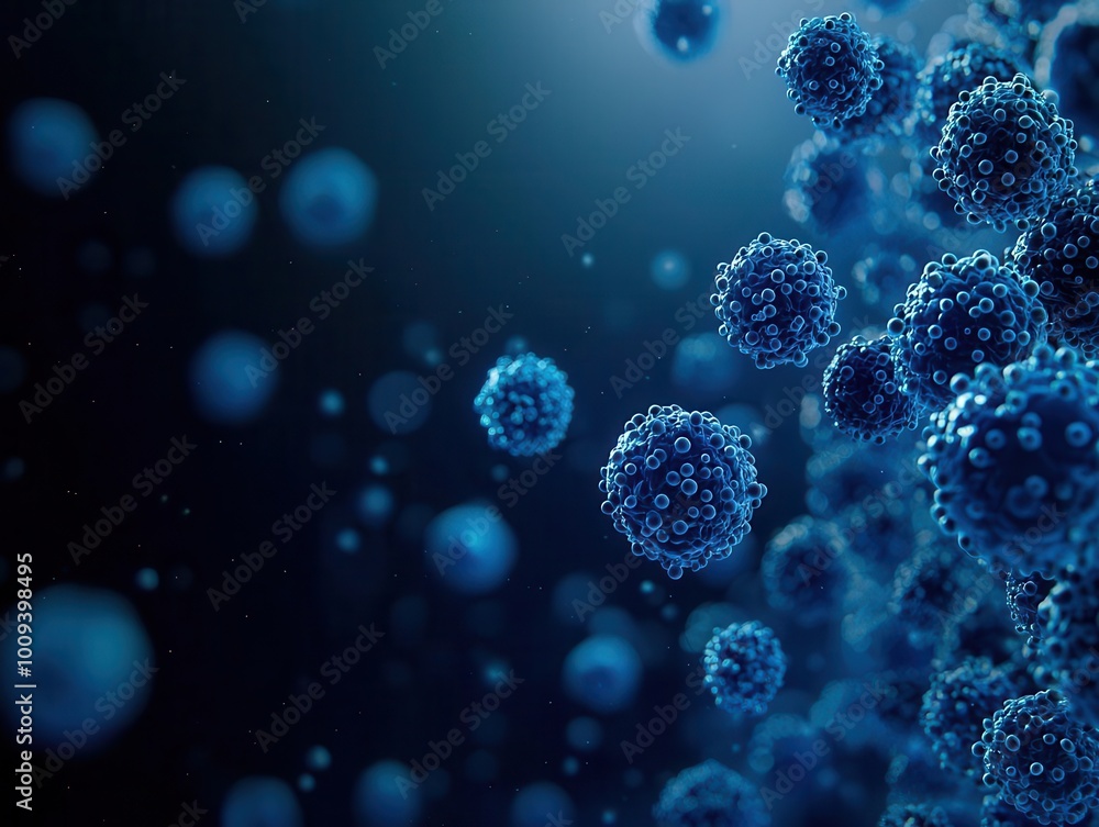 A microscopic view of cancer cells, dark blue hues showing mutation spread, Prostate cancer cells, Scientific representation of disease spread A microscopic view of cancer cells, dark blue hues showing mutation spread, Prostate cancer cells, Scientific representation of disease spread