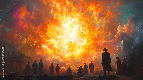 A group of people stand in silhouette against a massive fiery explosion in the sky, witnessing an event of unknown significance.