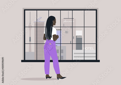 Character observes the bustling cityscape through a hotel window as evening settles, contemplating life and the stories hidden in the vibrant skyline outside