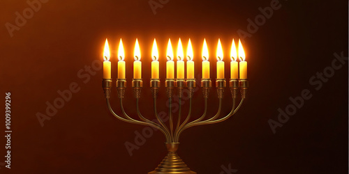 A traditional Hanukkah menorah, its eight golden candles flickering against a warm, earthy brown background.