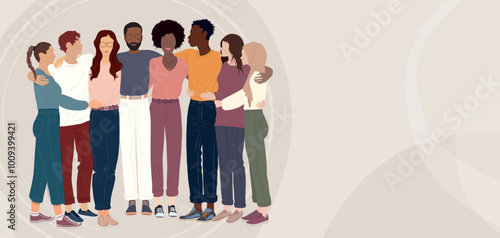 Group of people embracing each other from diverse culture holding hands.Teamwork and cooperation.Community of volunteers or friends committed to social issues for peace and the environment