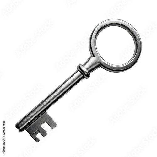 Metal key with a round handle on a white isolated background.