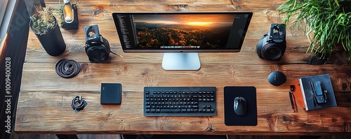 Wallpaper Mural A stylish workspace featuring a modern computer setup on a wooden desk, perfect for productivity and creativity. Torontodigital.ca