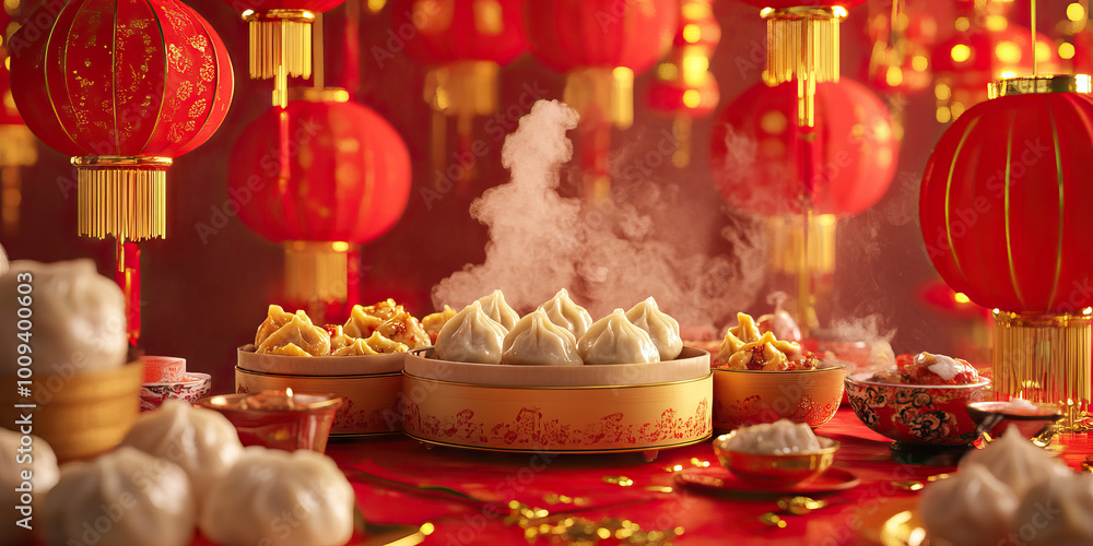 A Chinese New Year's feast, filled with red lanterns, gold decorations, and delicious dumplings steaming on a red-and-gold table. A Chinese New Year's feast, filled with red lanterns, gold decorations, and delicious dumplings steaming on a red-and-gold table.
