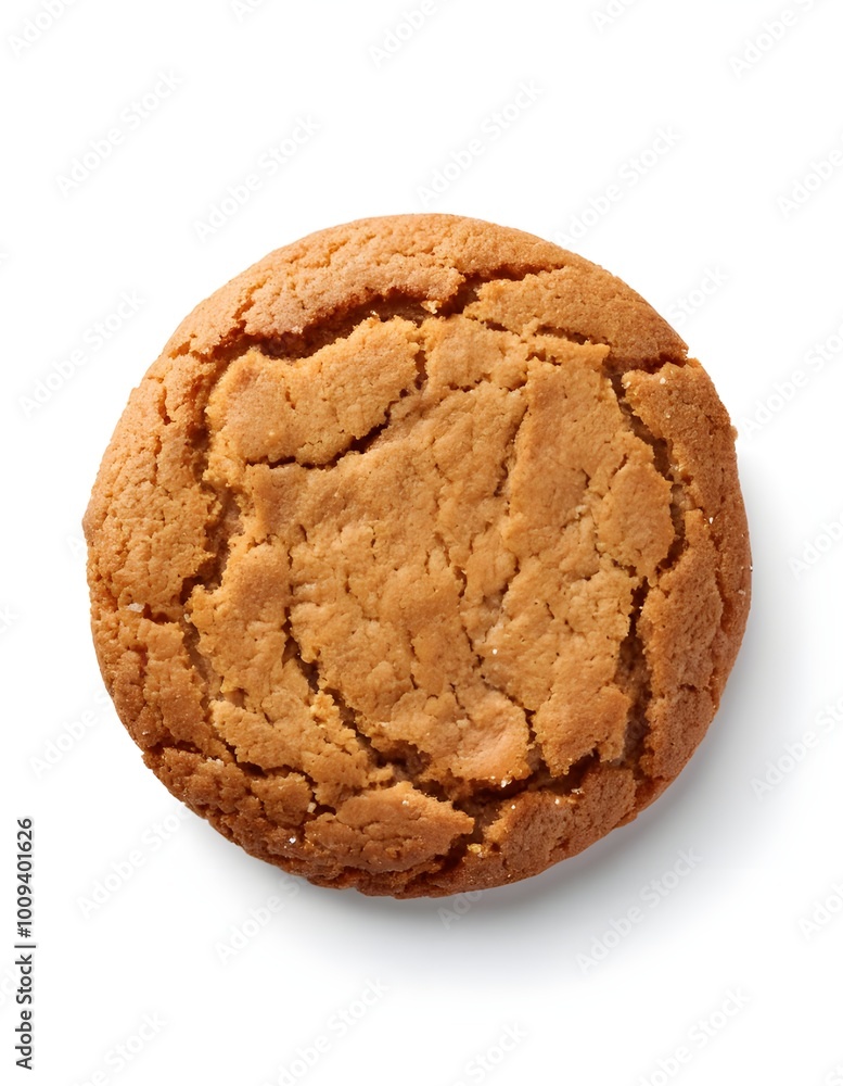 A classic round ginger biscuit with a golden-brown, cracked surface, isolated on a white background, perfect for showcasing traditional, spicy-sweet baked goods. A classic round ginger biscuit with a golden-brown, cracked surface, isolated on a white background, perfect for showcasing traditional, spicy-sweet baked goods.