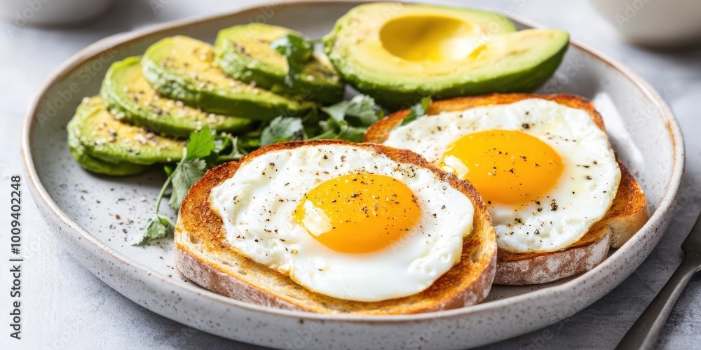 A delicious breakfast plate featuring eggs, avocado, and toast, garnished with herbs. A delicious breakfast plate featuring eggs, avocado, and toast, garnished with herbs.
