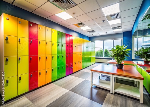 Modern office interior with a stylish loker, bright colors, and clean design for workspace organization