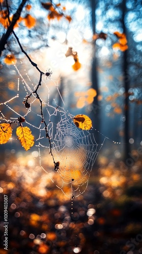 Dew-Covered Spider Web in Forest Setting