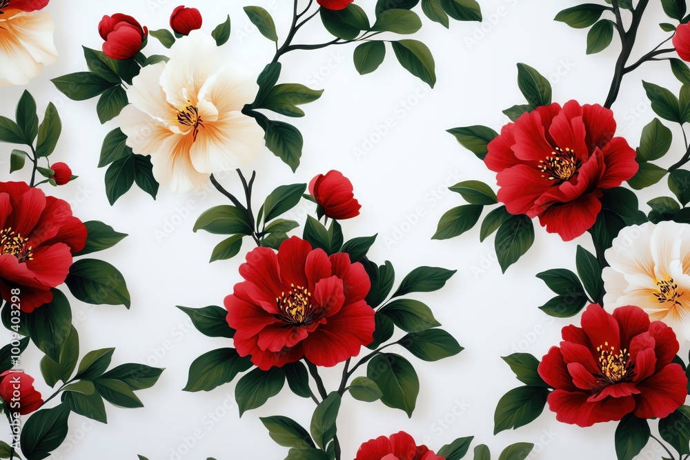 Vibrant floral pattern featuring red and white flowers with lush green leaves on a bright white background. Vibrant floral pattern featuring red and white flowers with lush green leaves on a bright white background.