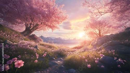 A picturesque scene of blooming cherry blossoms in a lush valley at sunset.
