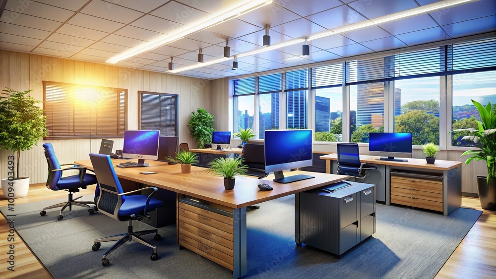 Modern police office interior with desks, computers, and law enforcement equipment in a workspace Modern police office interior with desks, computers, and law enforcement equipment in a workspace