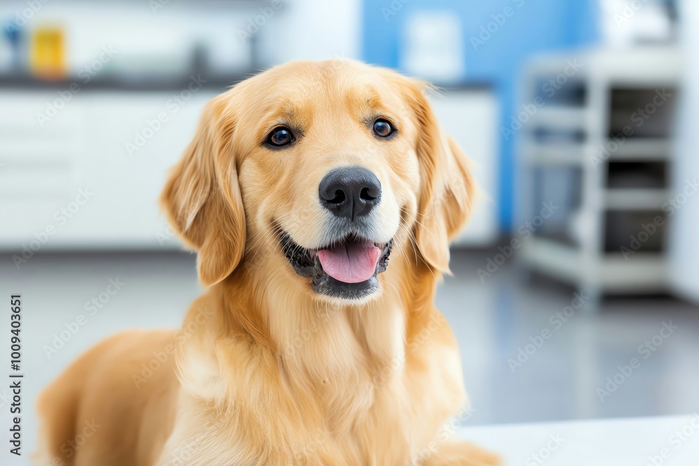 A cheerful golden retriever dog with a friendly expression indoors. A cheerful golden retriever dog with a friendly expression indoors.