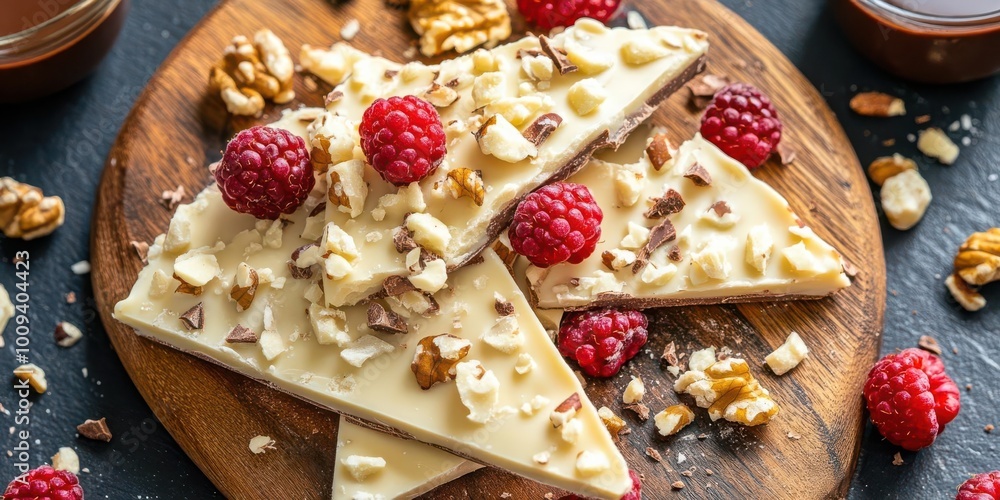 A delicious display of white chocolate bark topped with nuts and raspberries on a wooden board. A delicious display of white chocolate bark topped with nuts and raspberries on a wooden board.