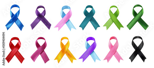 Collection set of awareness ribbons isolated on transparent or white background