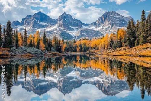 Obraz na płótnie A serene landscape featuring a calm lake reflecting majestic mountains and vibrant autumn foliage. w salonie