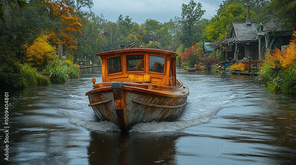 Obraz premium A wooden boat glides through a tranquil canal, surrounded by colorful autumn foliage.