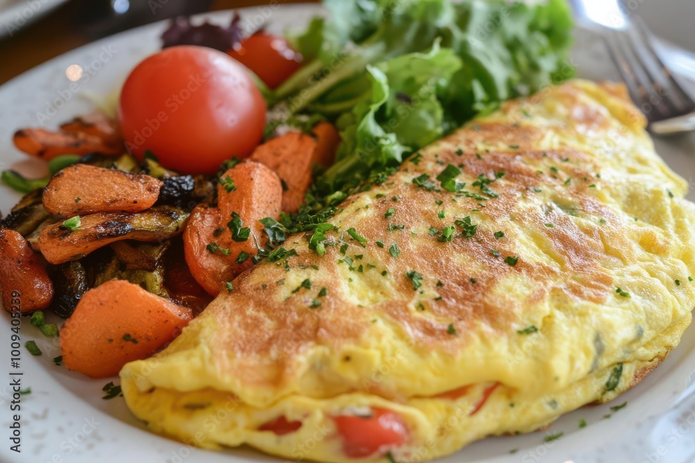 A delicious omelette served with vegetables and salad on a plate. A delicious omelette served with vegetables and salad on a plate.