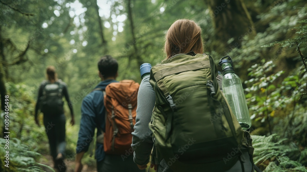 A group of friends hiking through a forest, carrying reusable water bottles and practicing Leave No Trace principles A group of friends hiking through a forest, carrying reusable water bottles and practicing Leave No Trace principles