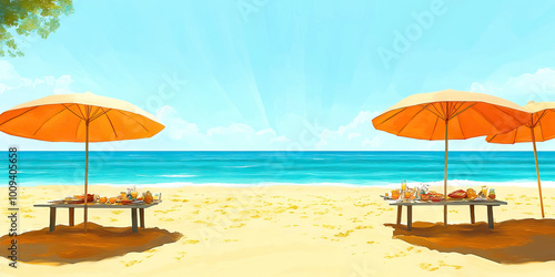 A sunny beach picnic with umbrellas casting shadows on warm, sandy gold-speckled sand and turquoise water in the distance.