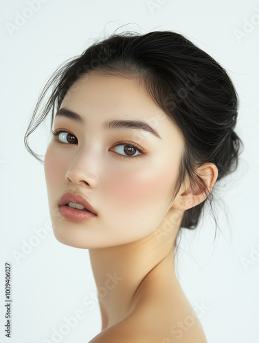 Portrait of a young Asian woman with flawless skin and natural makeup, highlighting her serene beauty, soft brown eyes, and sleek black hair. 