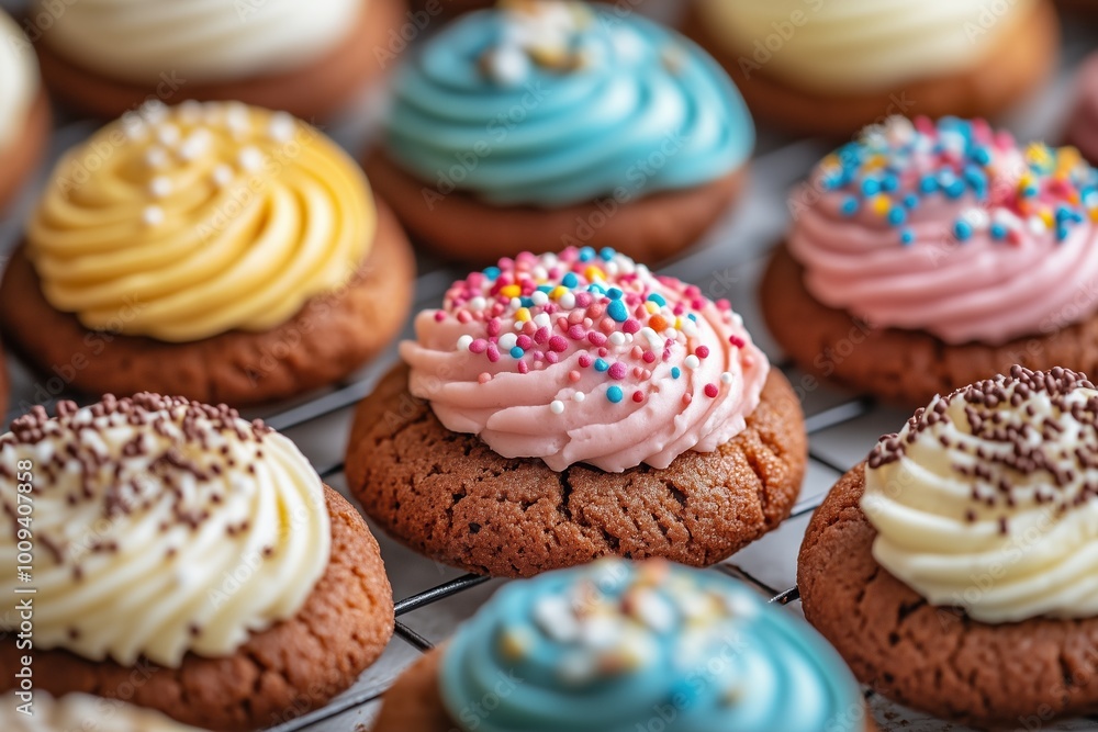 A delicious assortment of Crumbl cookies topped with various frostings and toppings. A delicious assortment of Crumbl cookies topped with various frostings and toppings.