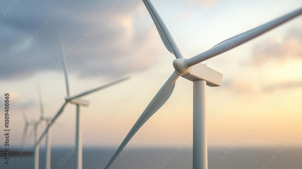 Golden hour at a sea-based wind turbine array, symbolizing the fusion of natural beauty and green technology, sustainable development Golden hour at a sea-based wind turbine array, symbolizing the fusion of natural beauty and green technology, sustainable development