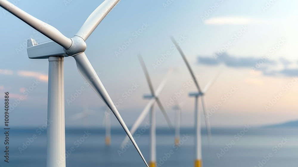 Golden hour at a sea-based wind turbine array, symbolizing the fusion of natural beauty and green technology, sustainable development Golden hour at a sea-based wind turbine array, symbolizing the fusion of natural beauty and green technology, sustainable development
