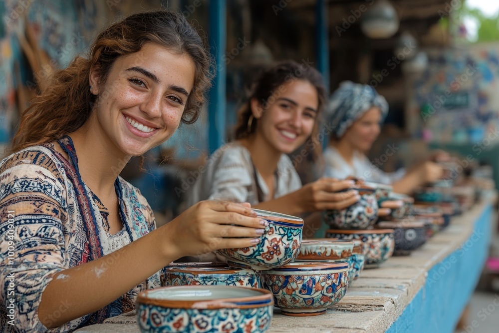 Cheerful female ceramists decorating their handmade ceramic cups, Generative AI Cheerful female ceramists decorating their handmade ceramic cups, Generative AI