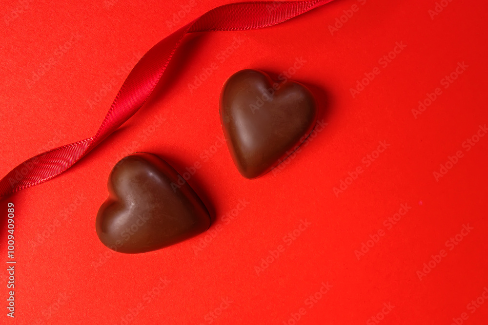 Fototapeta premium Delicious heart-shaped chocolates on a red background with a ribbon, Valentine's day celebration