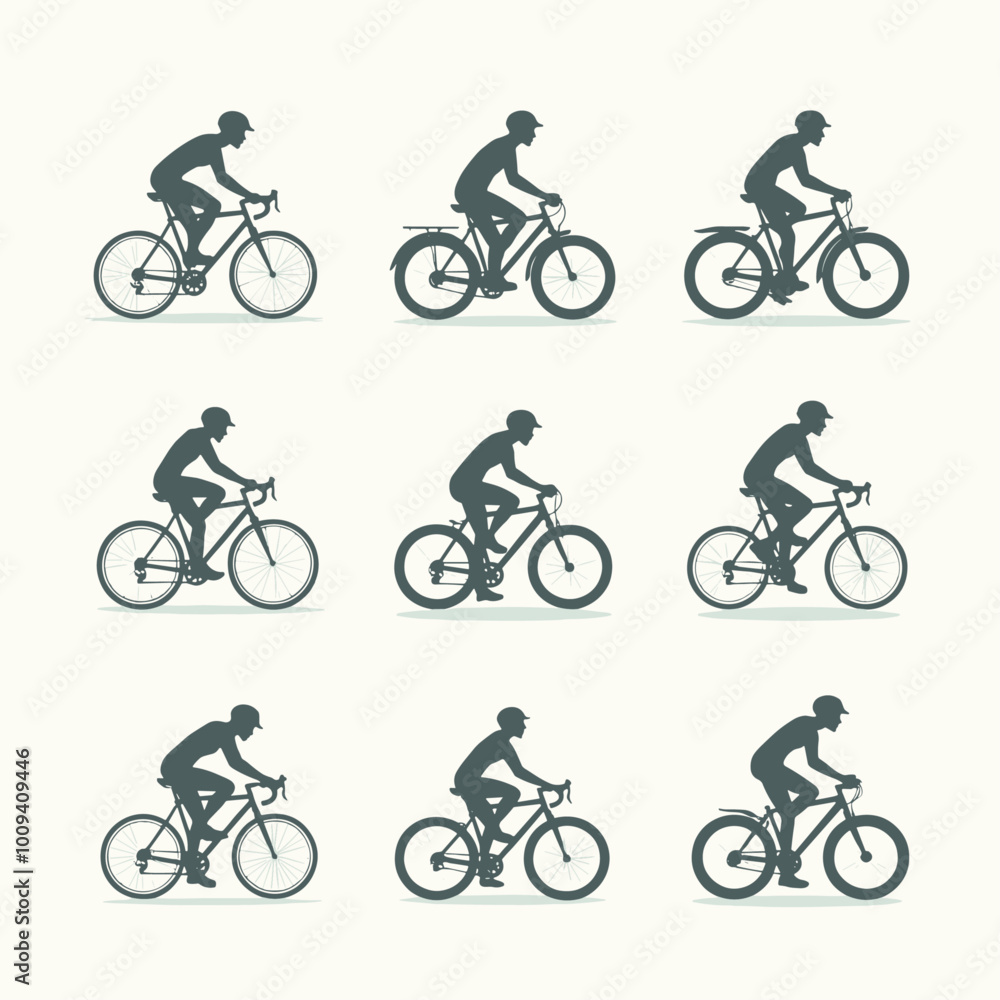 Fototapeta premium Silhouettes of cyclists in various poses showcasing different styles of bicycles against a neutral background.
