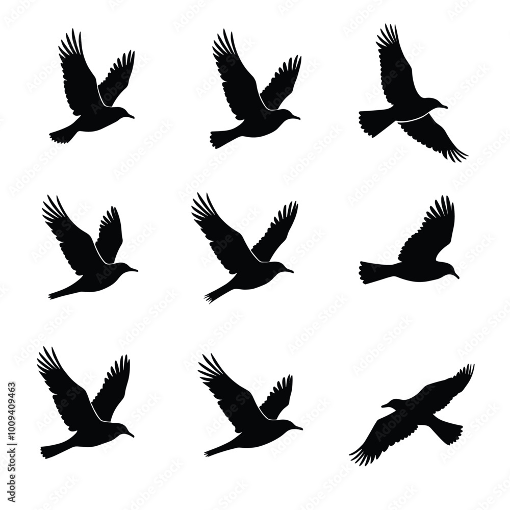 Silhouettes of birds in flight set against a stark white background exhibit graceful movement and artistic expression in various natural poses. Silhouettes of birds in flight set against a stark white background exhibit graceful movement and artistic expression in various natural poses.