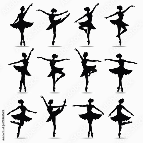 Silhouettes of female ballet dancers gracefully pose against a plain background, showcasing elegant movements and delicate postures in various ballet positions.