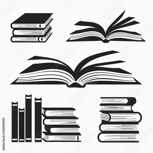 Black and white illustration of various open and closed books, emphasizing the theme of reading and literature.