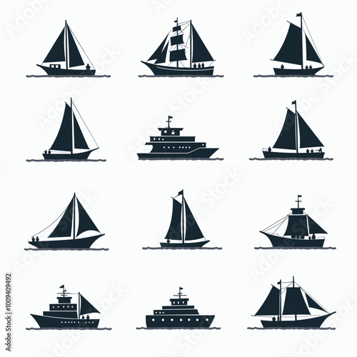 Collection of various sailboats and ships silhouettes on a white background, showcasing different vessel types and sail arrangements in a minimalist style.